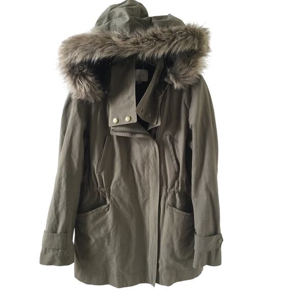 Utility Anorak Loft Olive Jacket with Faux Fur Trimmed Hood Size S - Picture 1 of 6